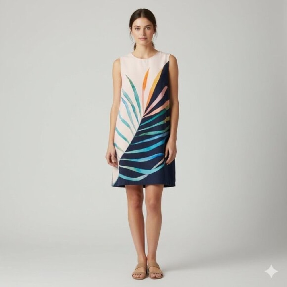 Conditions Apply Anthropologie Shift Dress Large Petite Palm Leaf Navy‎ Pink
